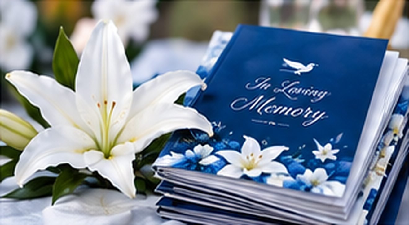 A white lily beside a stack of navy In Loving Memory funeral programs with blue and white florals